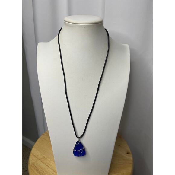bright blue pendant necklace on black cord wire wrapped natural bohemian boho - Picture 2 of 10
